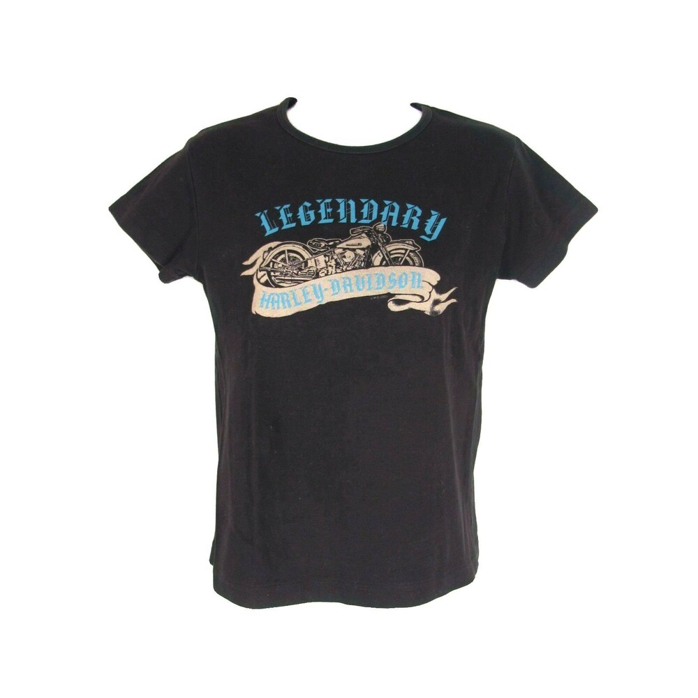 Harley Davidson Shirt L Black Cotton Knit Top H-D Logo Flames Biker Motorcycle